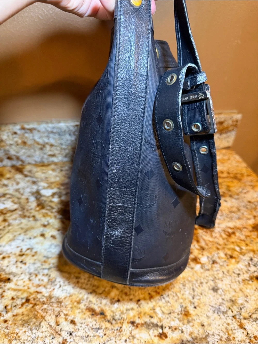 MCM Black Monogram Drawstring Bucket Hobo with Gold Plate